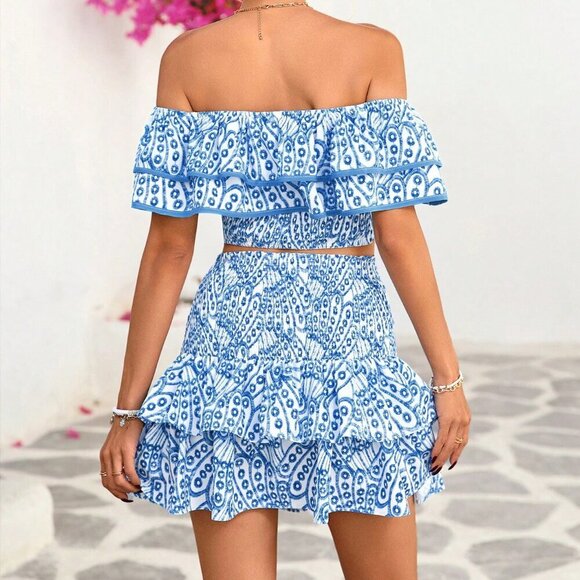 Blue And White Casual Women's Shirred Layered Ruffle Blouse And Skirt Set - Picture 2 of 7